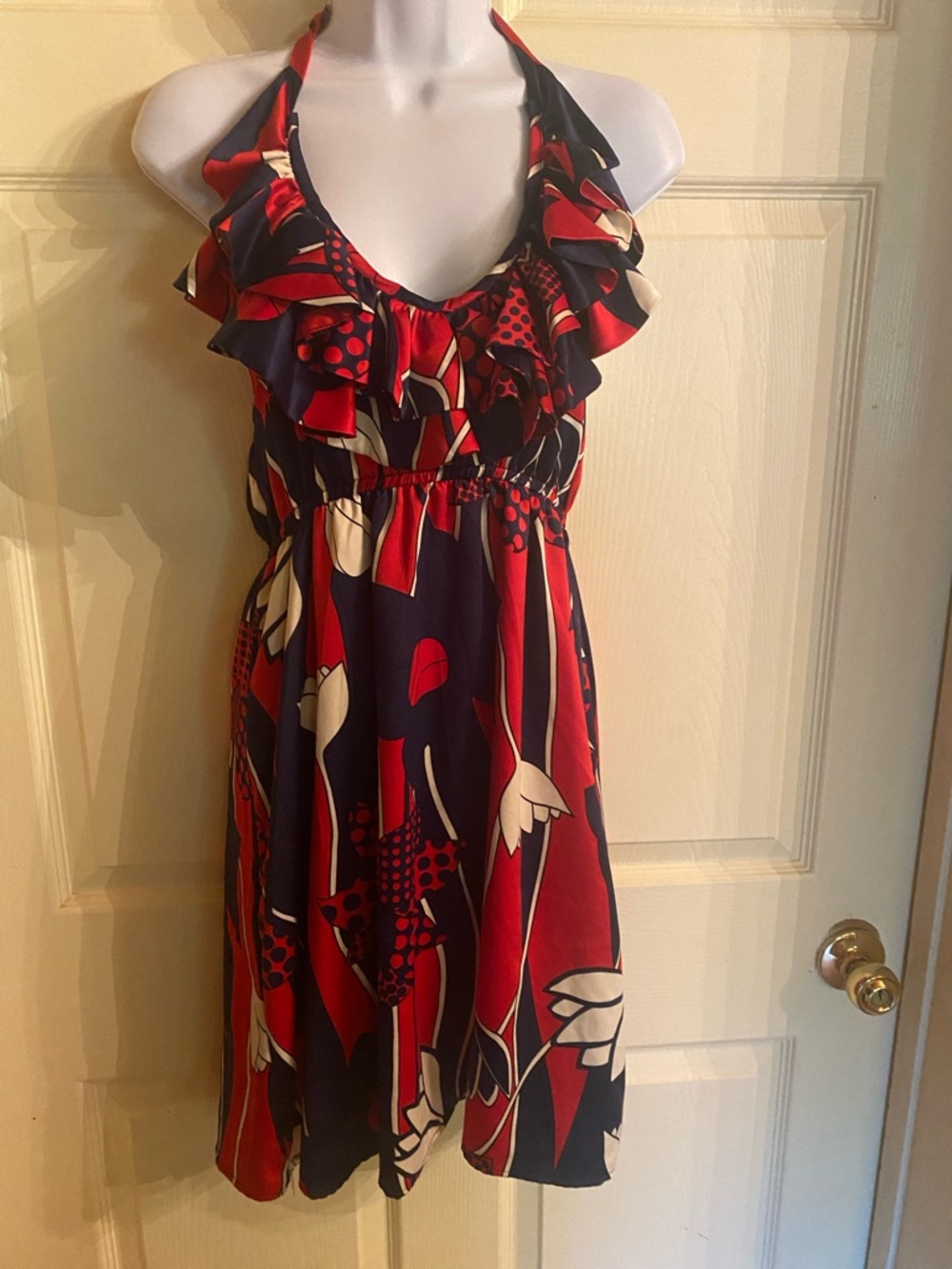 Judith March Navy and Red Halter Ruffle Mini Dress